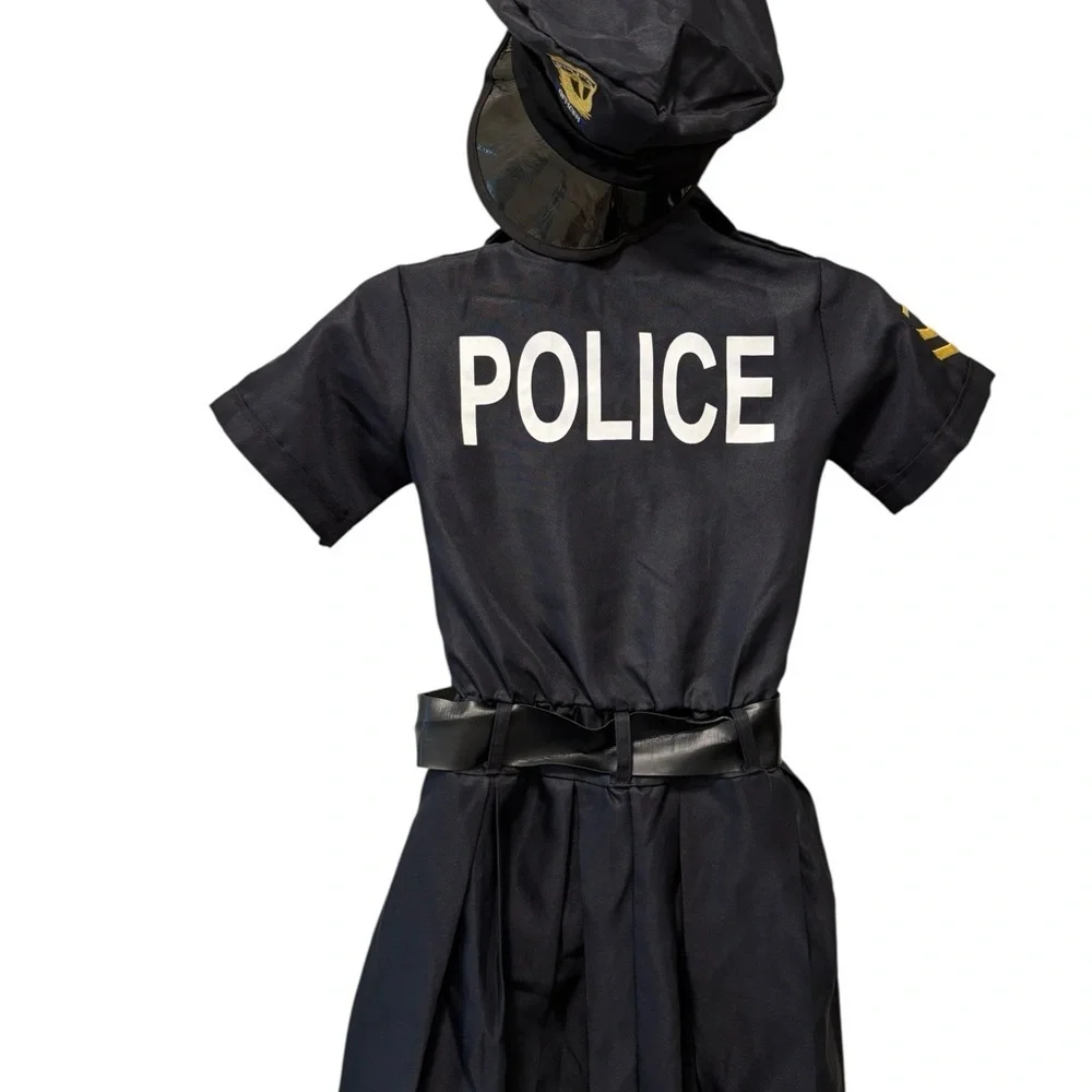 Halloween Police Officer Pleated Dress & Hat Sz Girls M 8/10 Black Belted Party